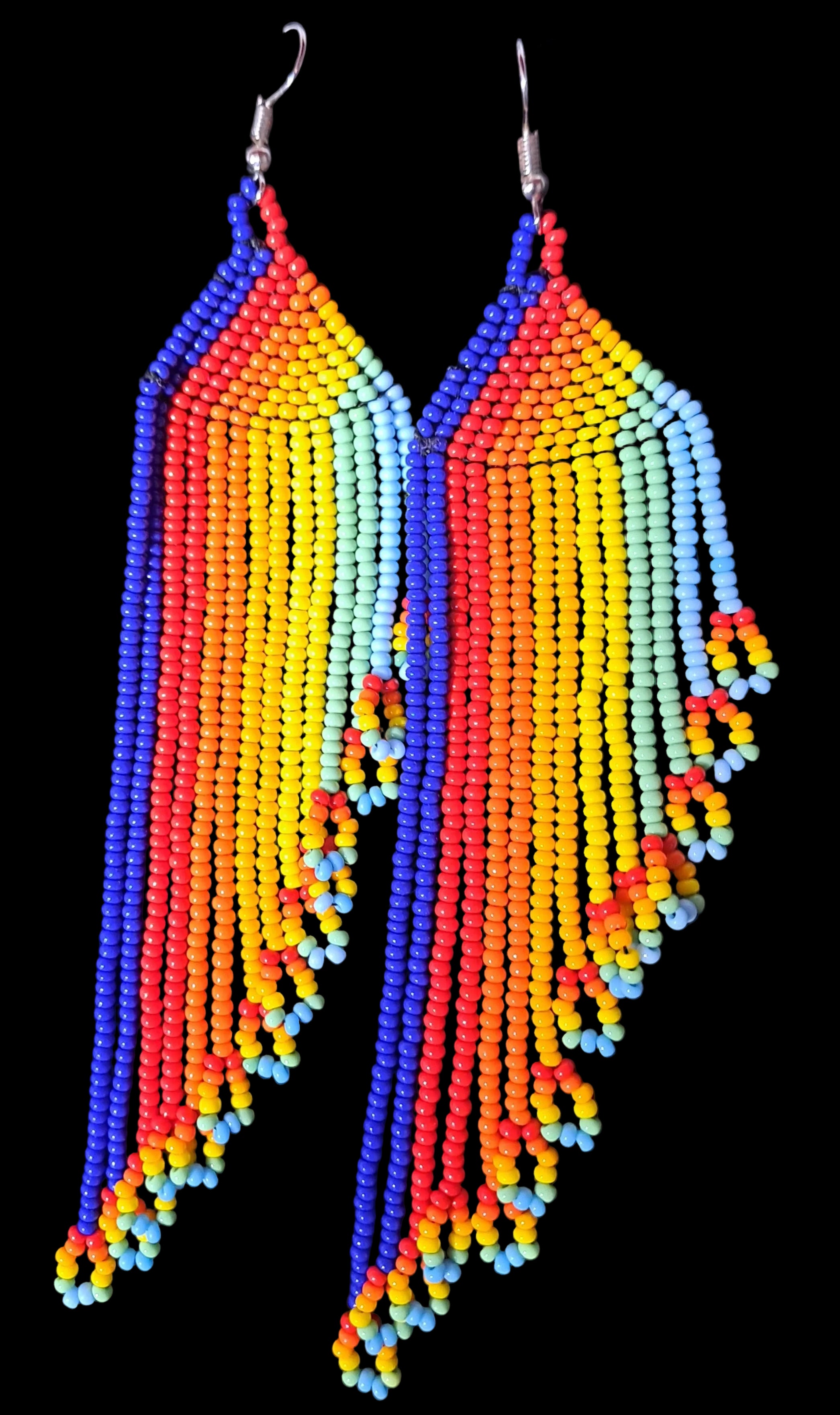 'Rainbow plumage' beaded drop earrings (long)