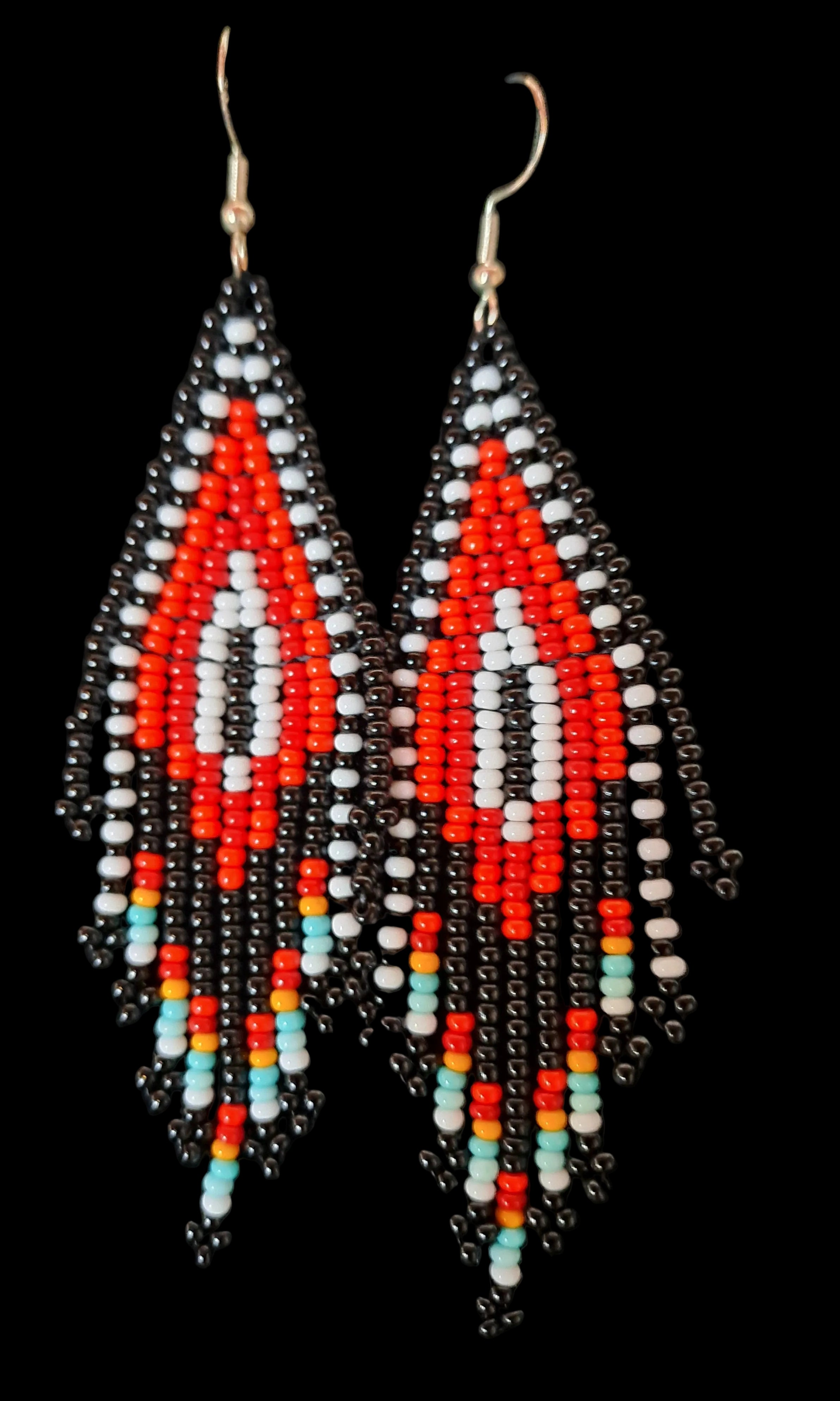 'Fire's eye' beaded drop earrings (red)