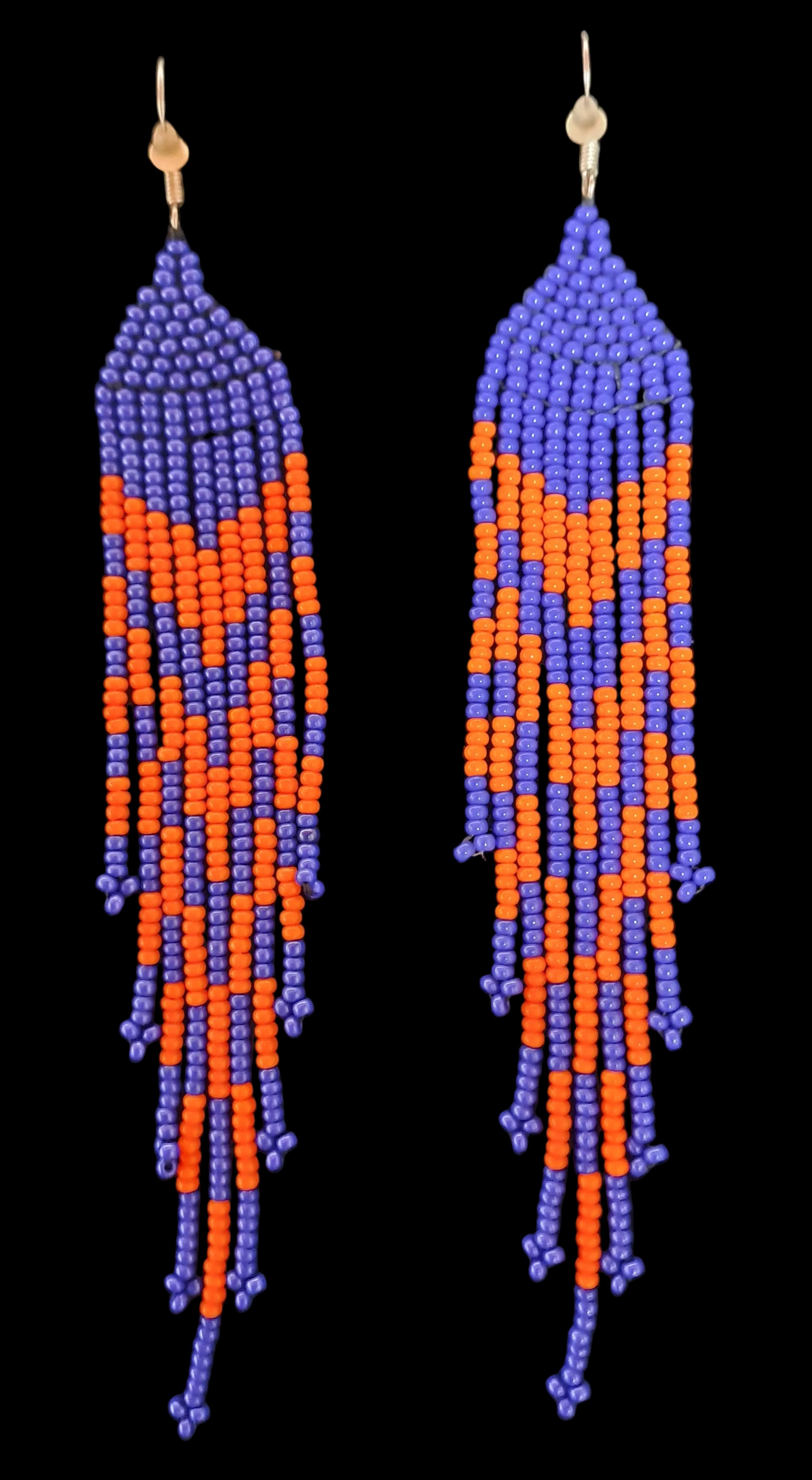 'Feathertail' vibrant blue & orange beaded drop earrings (long)